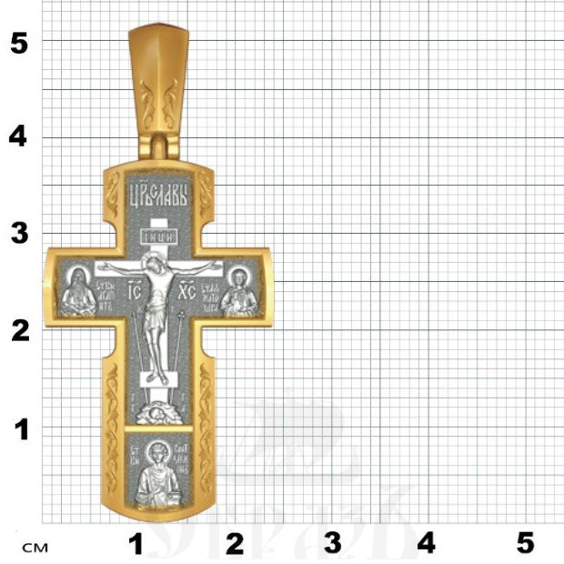 крест с образом божия матерь всецарица и целителями, серебро 925 проба с золочением (арт. 17.014)